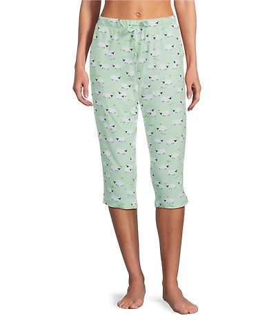 Sleep Sense Knit Sheep Print Drawstring Tie Coordinating Sleep Capri Pants
