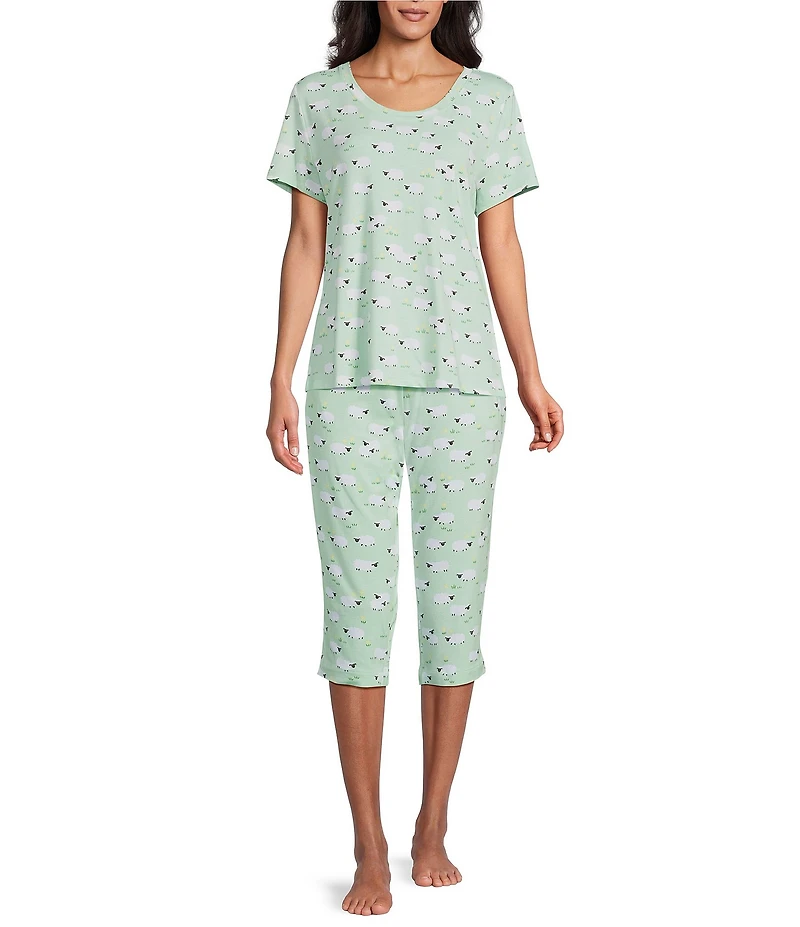 Sleep Sense Knit Sheep Print Drawstring Tie Coordinating Sleep Capri Pants