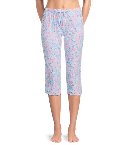 Sleep Sense Knit Soft Flowers Print Drawstring Tie Coordinating Sleep Capri Pants