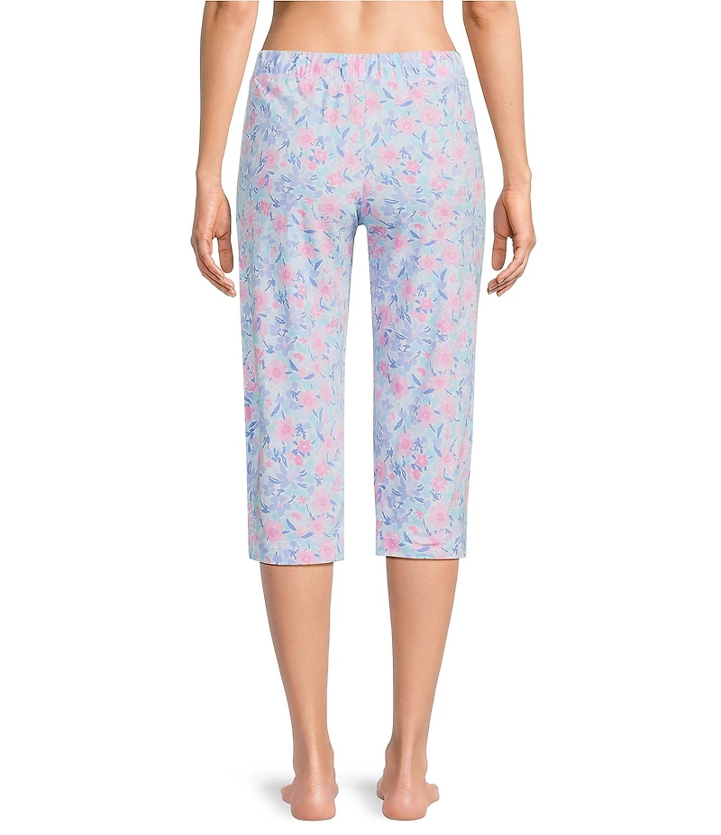 Sleep Sense Knit Soft Flowers Print Drawstring Tie Coordinating Sleep Capri Pants
