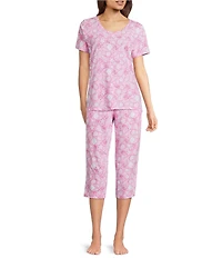 Sleep Sense Knit Summer Shell Print Drawstring Tie Coordinating Sleep Capri Pants