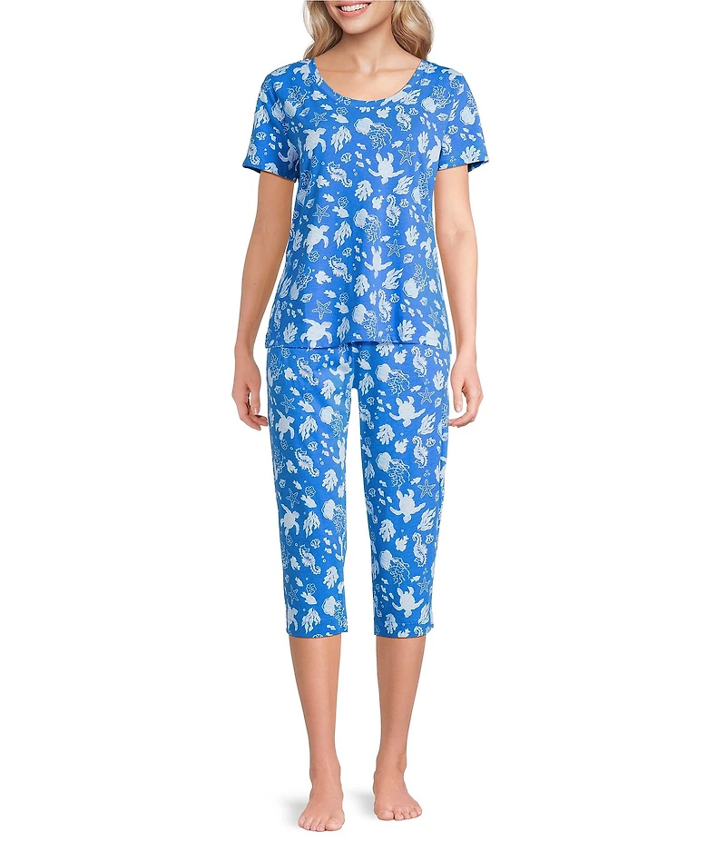 Sleep Sense Knit Turtle Print Drawstring Tie Coordinating Sleep Capri Pants