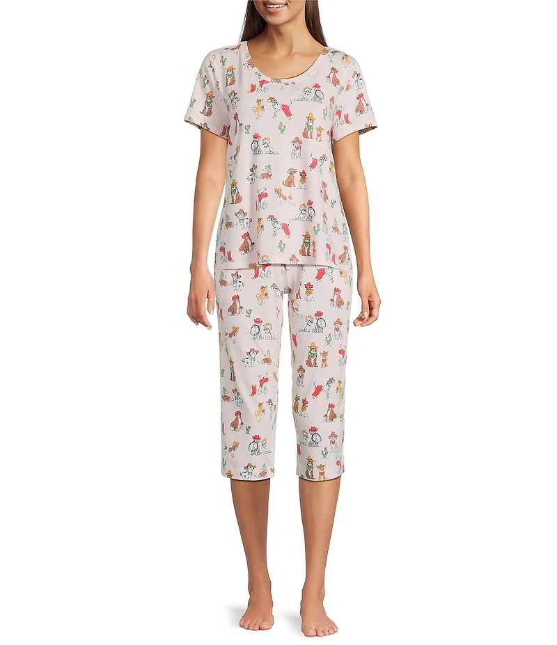 Sleep Sense Knit Western Dogs Print Drawstring Tie Coordinating Sleep Capri