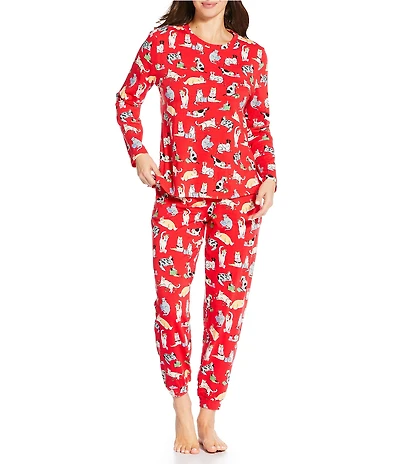Sleep Sense Long Sleeve Crew Neck Knit Christmas Cats Print Holiday Pajama Set