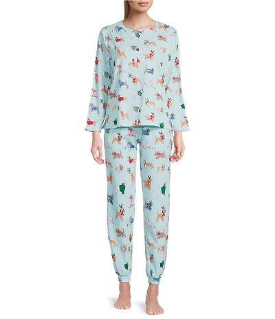 Sleep Sense Long Sleeve Crew Neck Knit Holiday Dogs Print Holiday Pajama Set