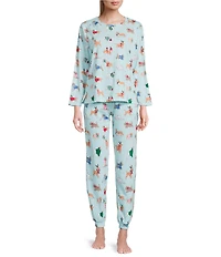 Sleep Sense Long Sleeve Crew Neck Knit Holiday Dogs Print Holiday Pajama Set