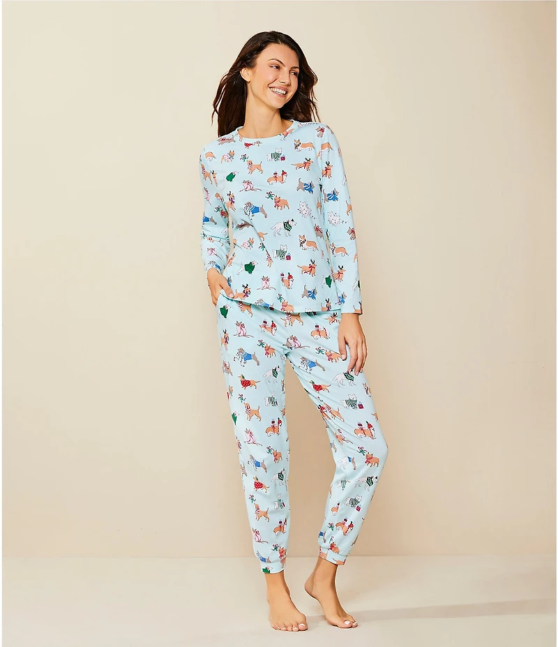 Sleep Sense Long Sleeve Crew Neck Knit Holiday Dogs Print Holiday Pajama Set