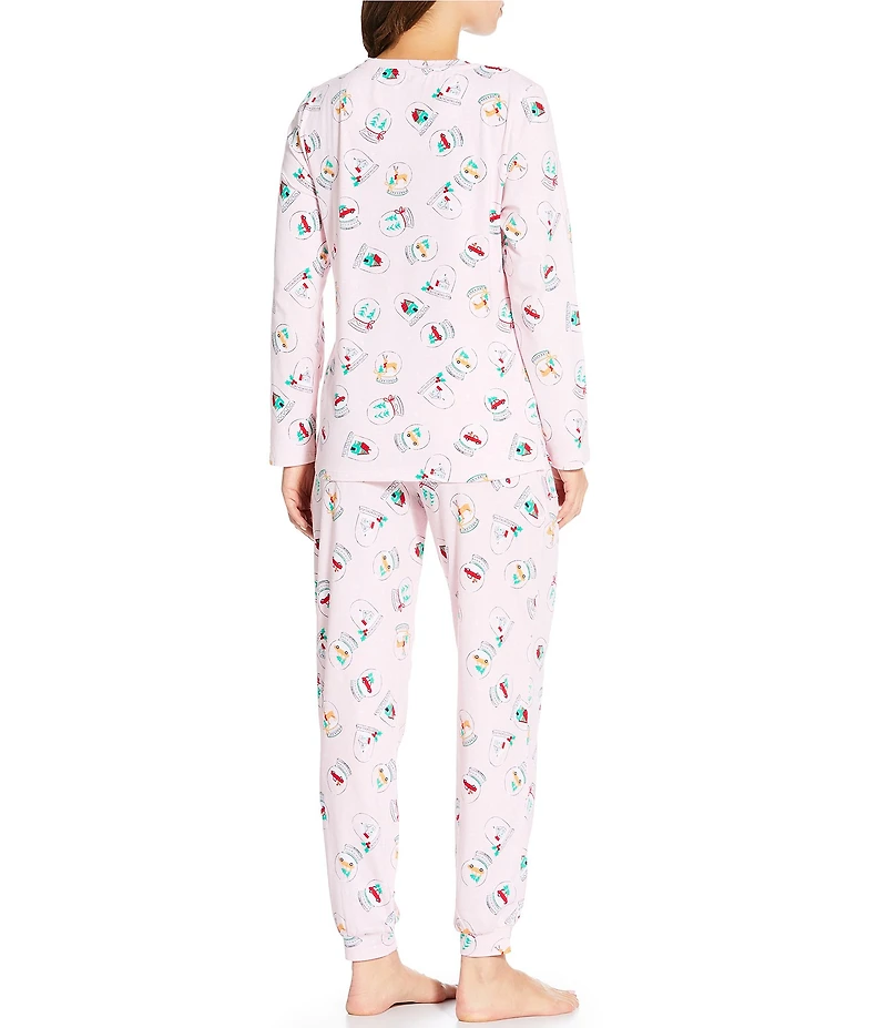 Sleep Sense Long Sleeve Crew Neck Knit Snow Globes Print Holiday Pajama Set