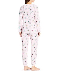 Sleep Sense Long Sleeve Crew Neck Knit Snow Globes Print Holiday Pajama Set