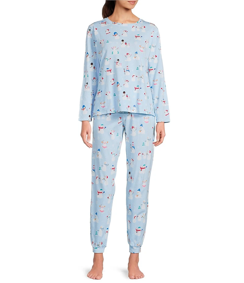 Sleep Sense Long Sleeve Crew Neck Knit Snowman Pals Print Holiday Pajama Set
