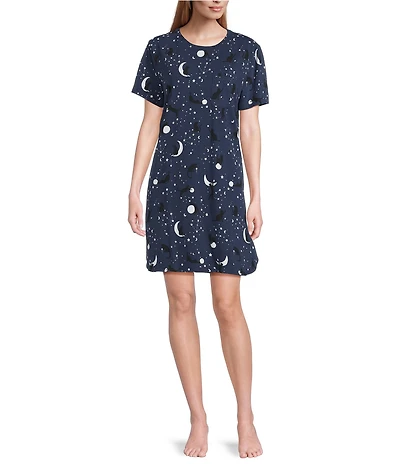 Sleep Sense Moonlit Cats Print Short Sleeve Crew Neck Knit Nightshirt