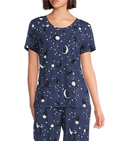 Sleep Sense Moonlit Cats Print Short Sleeve Scoop Neck Knit Coordinating Sleep Top