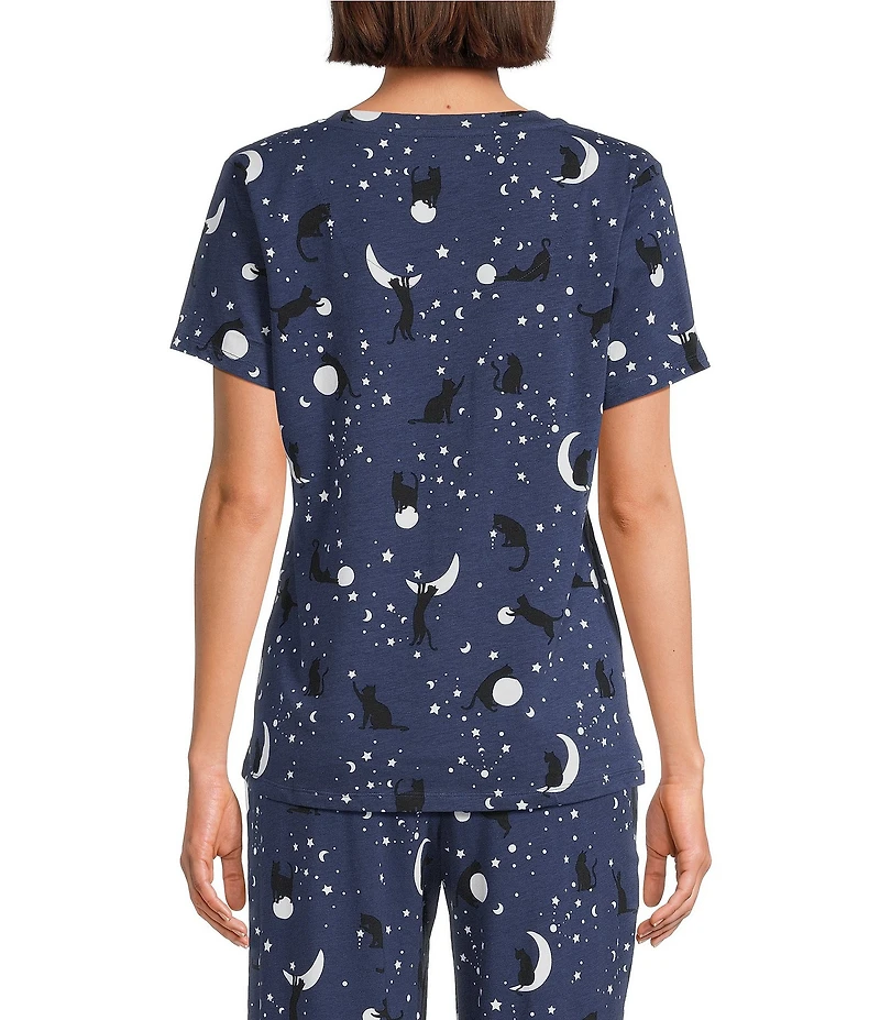 Sleep Sense Moonlit Cats Print Short Sleeve Scoop Neck Knit Coordinating Sleep Top