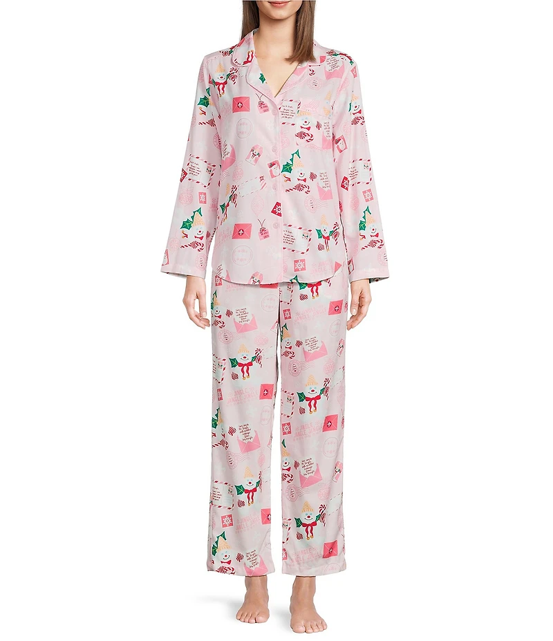 Sleep Sense Mr. Bingle Print Woven Twill Long Sleeve Notch Collar Button-Front Coordinating Sleep Shirt