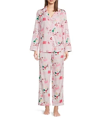 Sleep Sense Mr. Bingle Print Woven Twill Long Sleeve Notch Collar Button-Front Coordinating Sleep Shirt