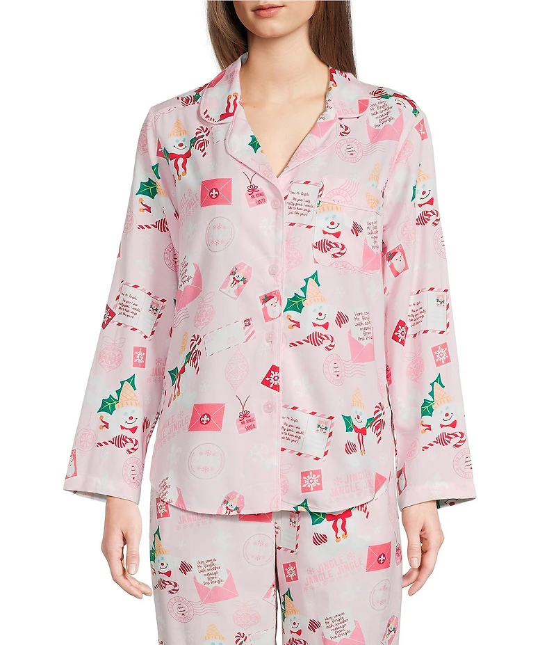 Sleep Sense Mr. Bingle Print Woven Twill Long Sleeve Notch Collar Button-Front Coordinating Sleep Shirt