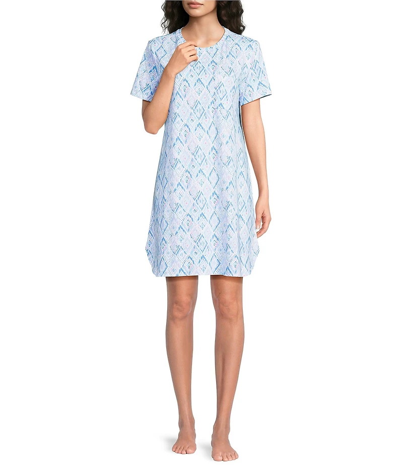 Sleep Sense Multi Ikat Short Sleeve Crew Neck Chest Pocket Knit Nightgown