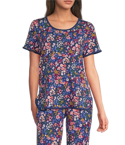 Sleep Sense Navy Garden Print Short Sleeve Scoop Neck Knit Coordinating Sleep Top
