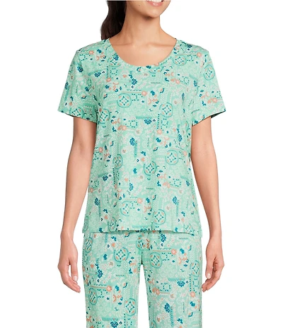 Sleep Sense Patchwork Print Short Sleeve Scoop Neck Knit Coordinating Sleep Top