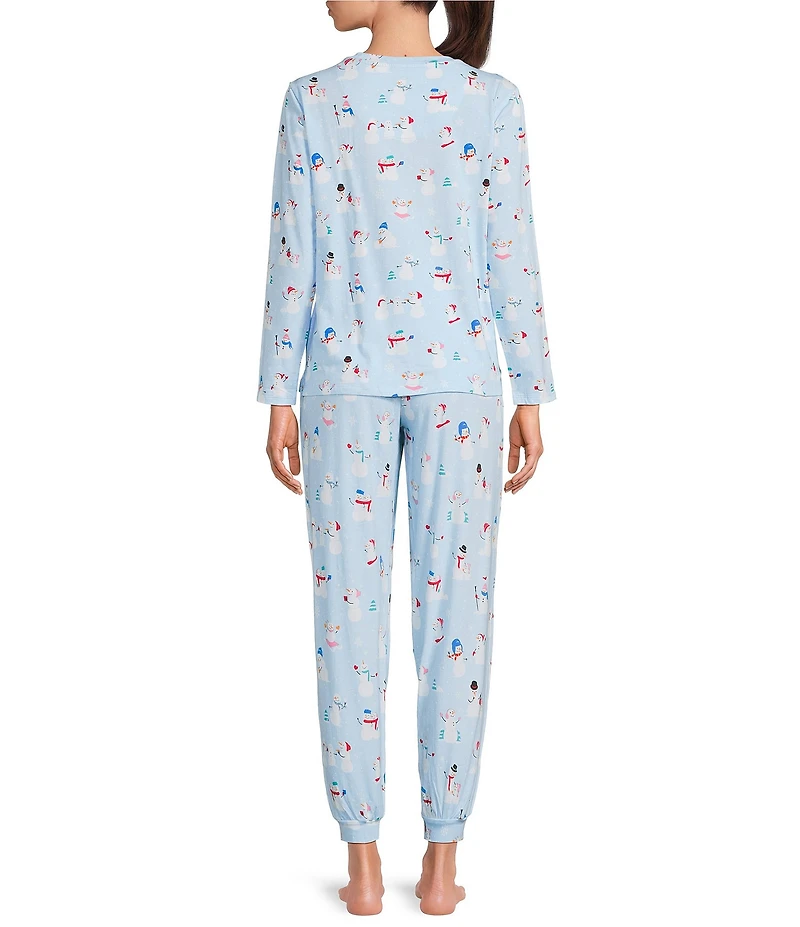 Sleep Sense Petite Size Long Sleeve Crew Neck Knit Snowman Pals Print Holiday Pajama Set