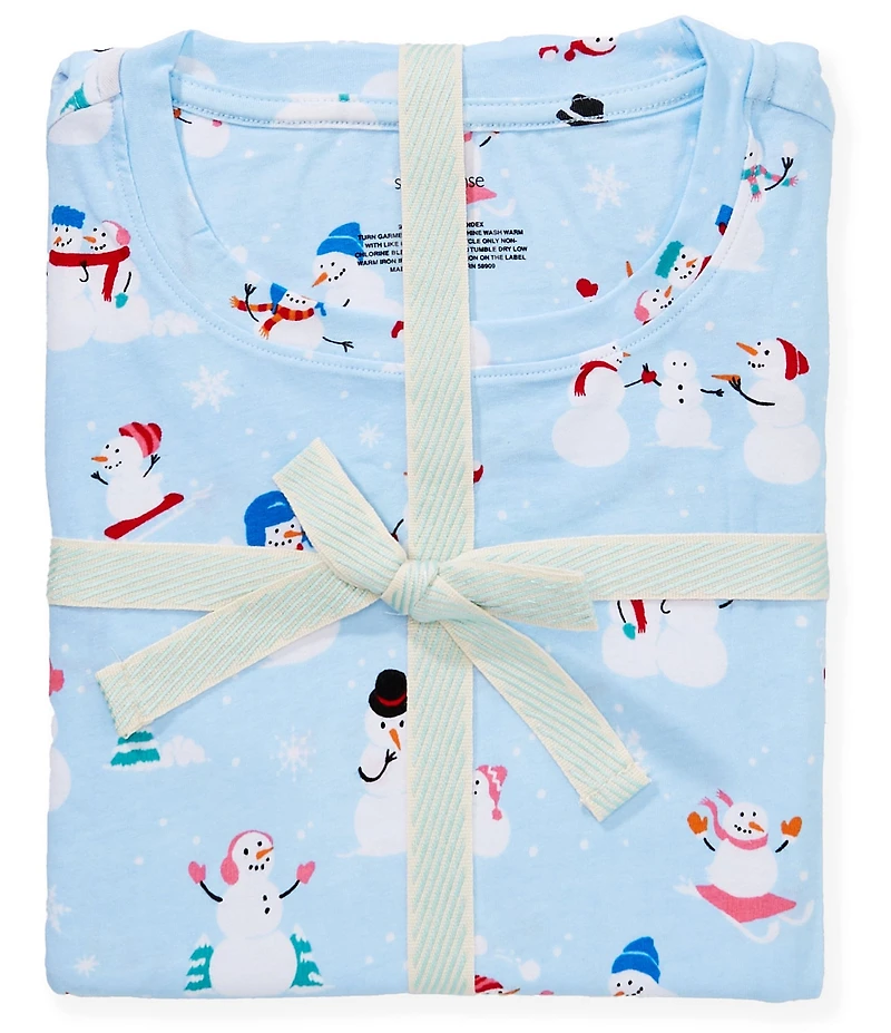 Sleep Sense Petite Size Long Sleeve Crew Neck Knit Snowman Pals Print Holiday Pajama Set
