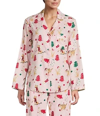 Sleep Sense Pink Cat Print Flannel Long Sleeve Notch Collar Coordinating Button-Front Holiday Sleep Top
