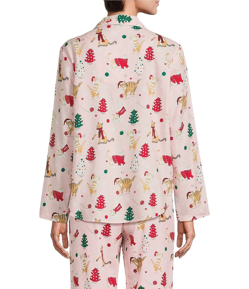 Sleep Sense Pink Cat Print Flannel Long Sleeve Notch Collar Coordinating Button-Front Holiday Sleep Top