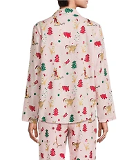 Sleep Sense Pink Cat Print Flannel Long Sleeve Notch Collar Coordinating Button-Front Holiday Sleep Top