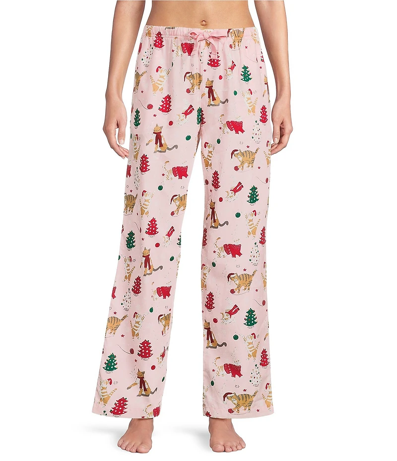 Sleep Sense Pink Cats Print Flannel Drawstring Tie Coordinating Holiday Sleep Pant