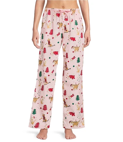 Sleep Sense Pink Cats Print Flannel Drawstring Tie Coordinating Holiday Sleep Pant