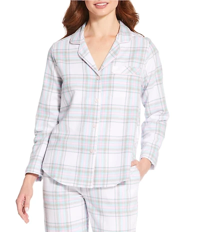 Sleep Sense Plaid Portuguese Flannel Long Sleeve Cotton Notch Collar Coordinating Button Front Sleep Top