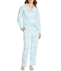 Sleep Sense Plaid Print Flannel Long Sleeve Notch Collar Coordinating Button Front Sleep Top