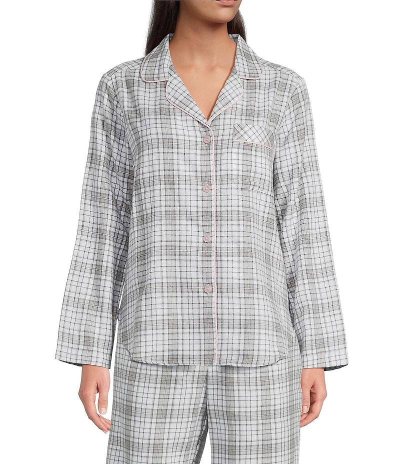 Sleep Sense Plaid Print Portuguese Flannel Yarn Dye Long Sleeve Notch Collar Button-Front Coordinating Sleep Top
