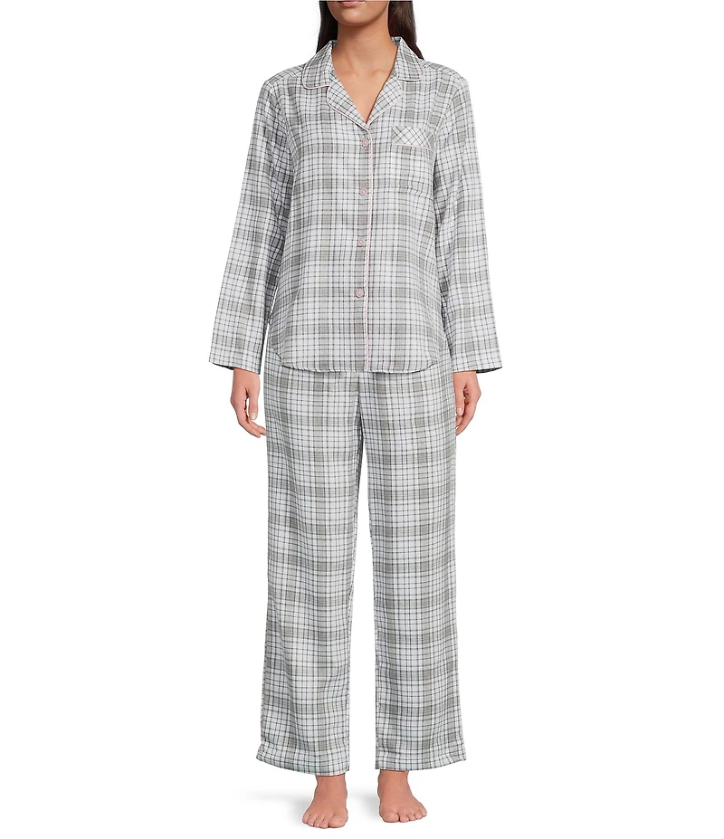 Sleep Sense Plaid Print Portuguese Flannel Yarn Dye Long Sleeve Notch Collar Button-Front Coordinating Sleep Top