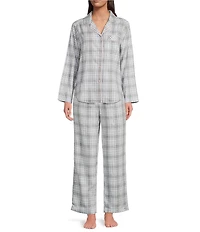 Sleep Sense Plaid Print Portuguese Flannel Yarn Dye Long Sleeve Notch Collar Button-Front Coordinating Sleep Top