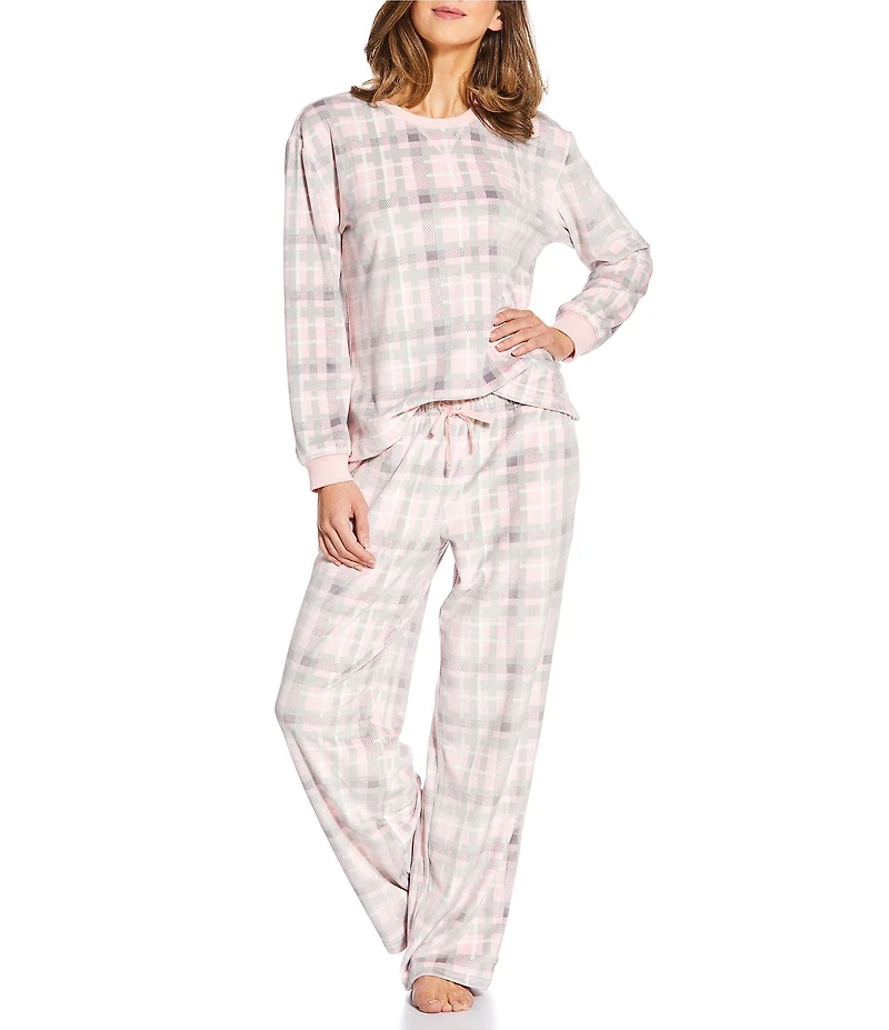 Sleep Sense Plaid Print Velour Drawstring Elastic Waist Coordinating Holiday Sleep Pants