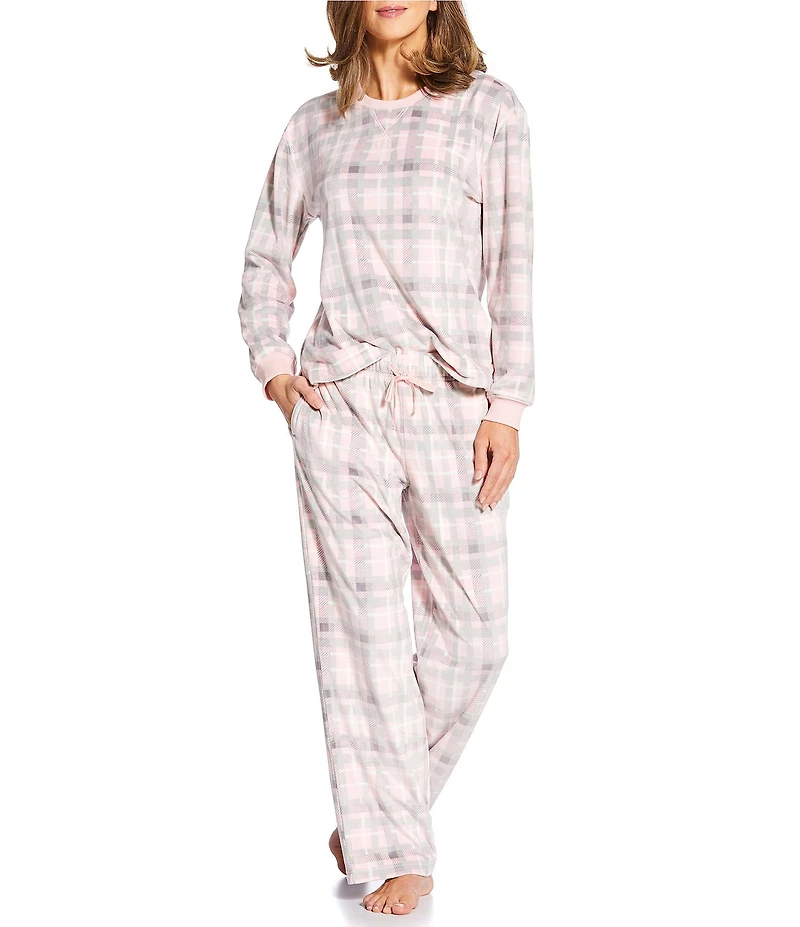 Sleep Sense Plaid Print Velour Drawstring Elastic Waist Coordinating Holiday Sleep Pants