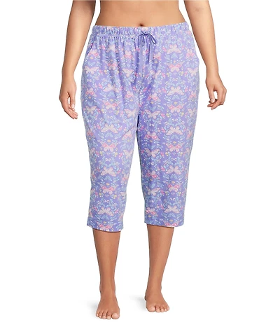 Sleep Sense Plus Size Butterfly Floral Print Knit Drawstring Tie Coordinating Sleep Pants