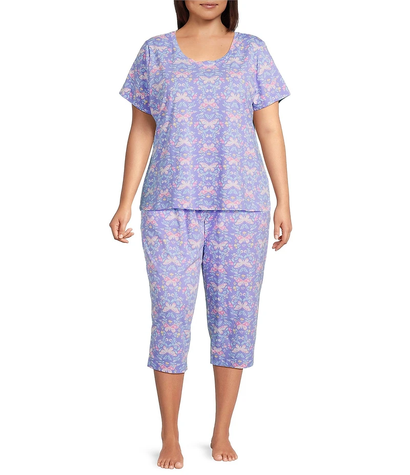 Sleep Sense Plus Size Butterfly Floral Print Knit Drawstring Tie Coordinating Sleep Pants
