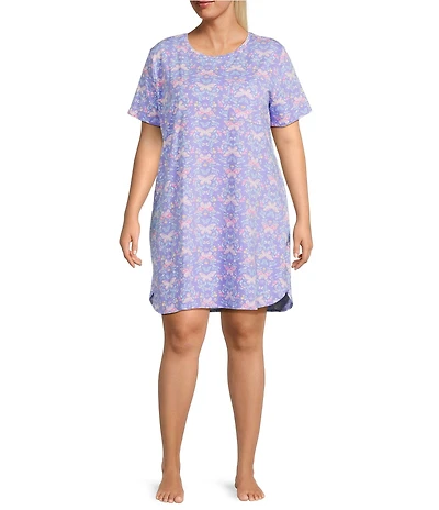 Sleep Sense Plus Size Butterfly Floral Print Short Sleeve Crew Neck Knit Nightshirt
