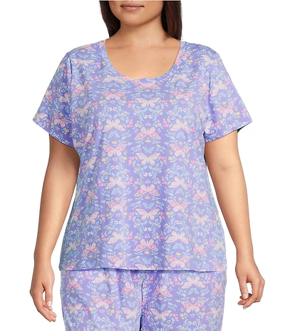 Sleep Sense Plus Size Butterfly Floral Print Short Sleeve Scoop Neck Coordinating Knit Sleep Top