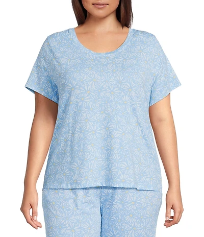 Sleep Sense Plus Size Daisy Print Short Sleeve Scoop Neck Knit Coordinating Sleep Top