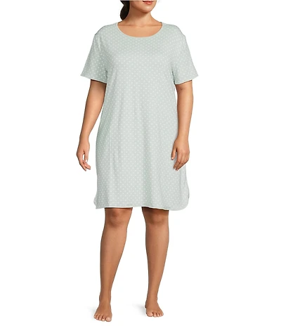 Sleep Sense Plus Size Dotted Print Short Sleeve Crew Neck Coordinating Knit Night Shirt