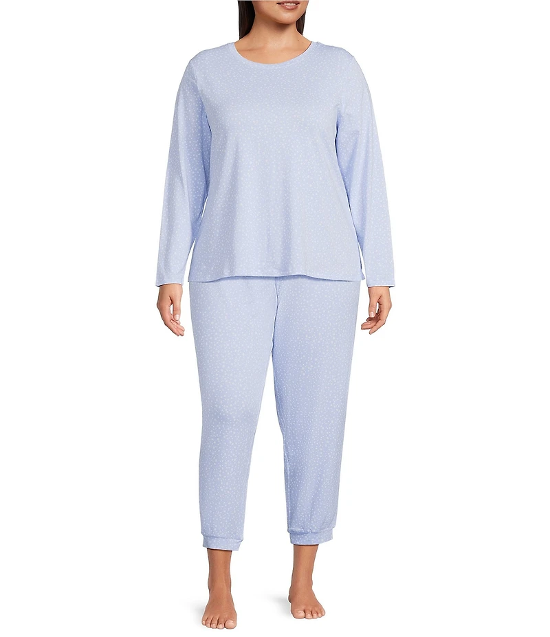 Sleep Sense Plus Size Falling Snow Print Knit Long Sleeve Crew Neck Coordinating Holiday Sleep Top