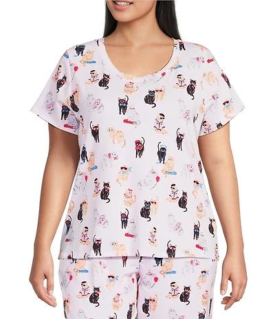 Sleep Sense Plus Size Fancy Cats Print Short Sleeve Scoop Neck Coordinating Sleep Top