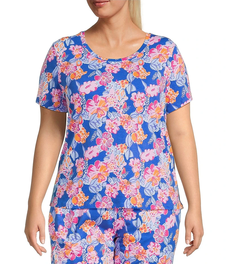 Sleep Sense Plus Size Happy Floral Print Short Sleeve Scoop Neck Coordinating Sleep Top