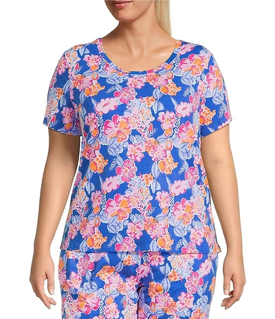 Sleep Sense Plus Size Happy Floral Print Short Sleeve Scoop Neck Coordinating Sleep Top