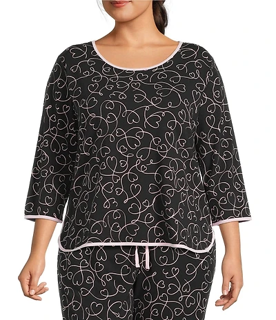 Sleep Sense Plus Size Heart Print Scoop Neck 3/4 Sleeve Knit Coordinating Sleep Top