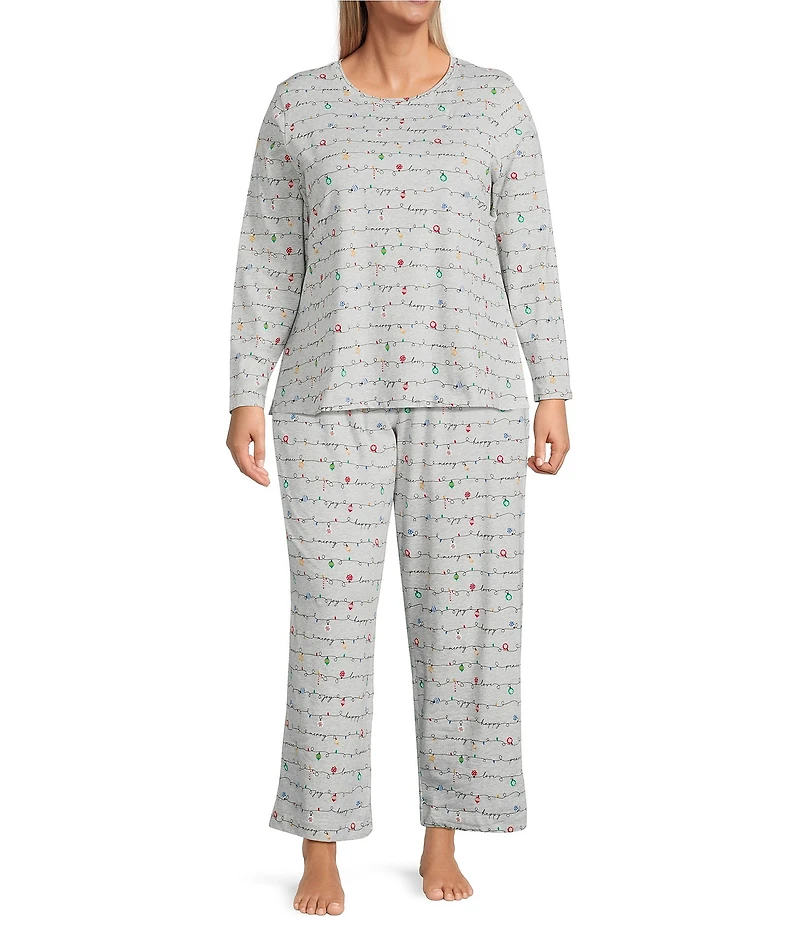 Sleep Sense Plus Size Holiday Lights Print Knit Drawstring Coordinating Sleep Pants