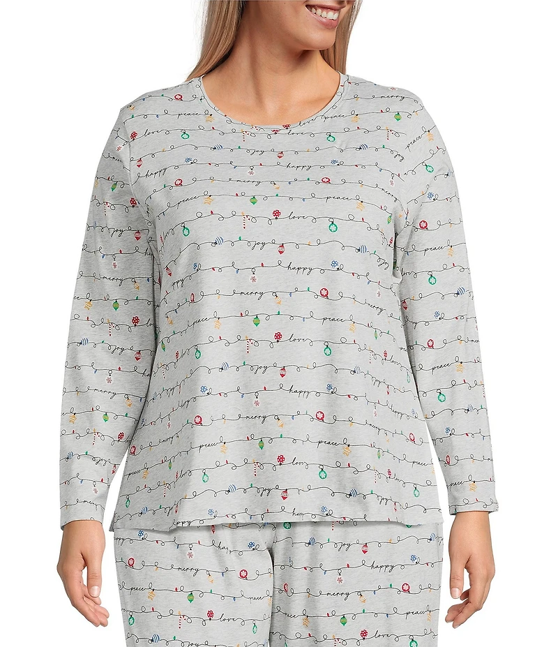 Sleep Sense Plus Size Holiday Lights Print Knit Long Sleeve Crew Neck Coordinating Sleep Top